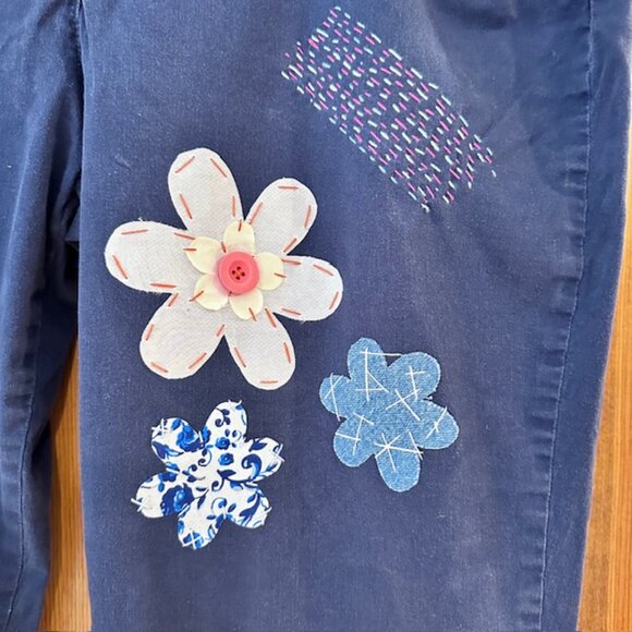 Briggs Cotton Spandex blend Blue Patchwork Recycled Upcycled Capri Pants Size 18 - Picture 7 of 8